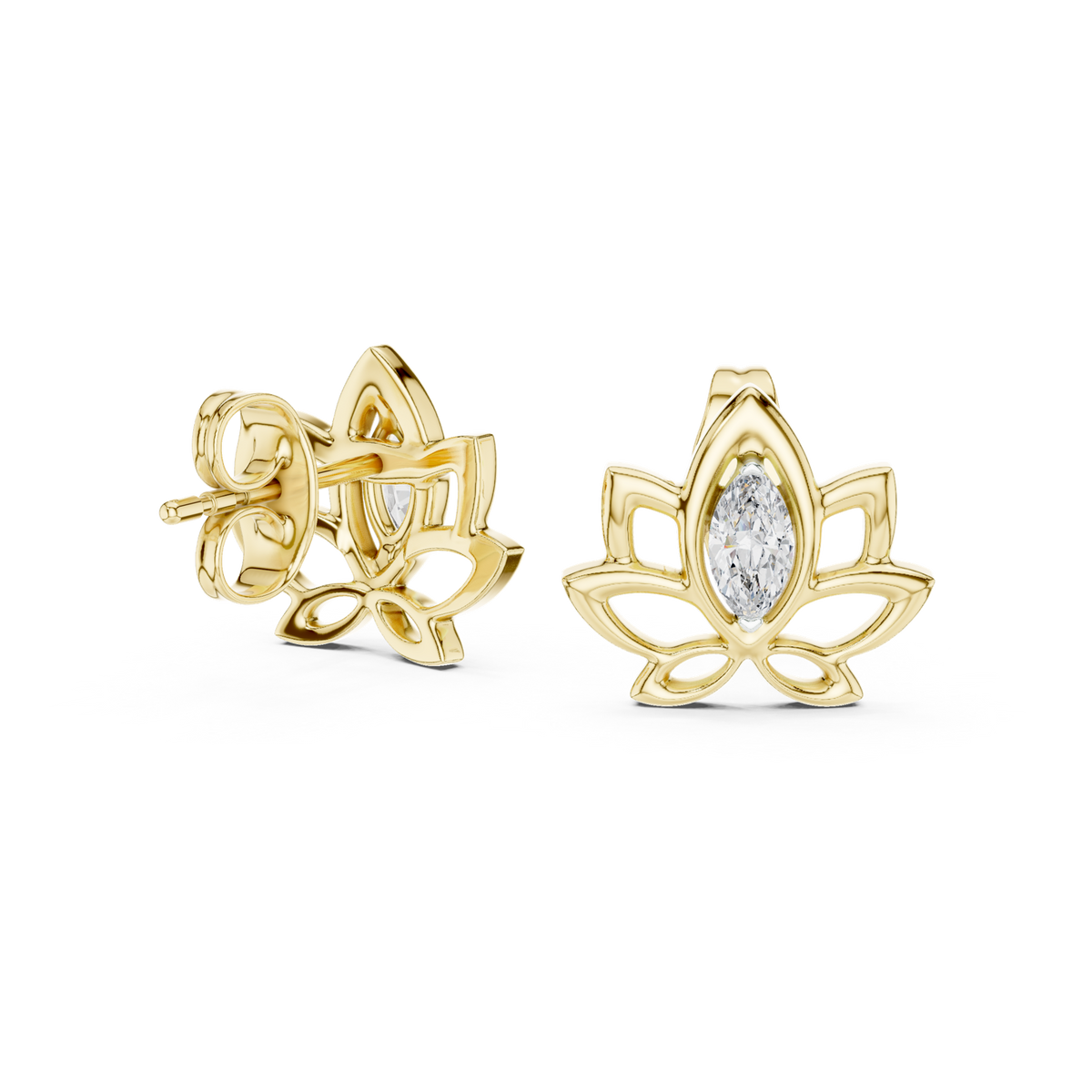 14K Solid Gold Lab Diamond Flower Stud Earrings, Yellow Gold, view 1