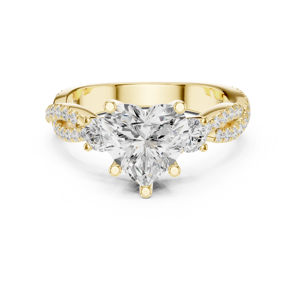 14K Solid Gold Lab Diamond Heart Three-Stone Ring, Yellow Gold