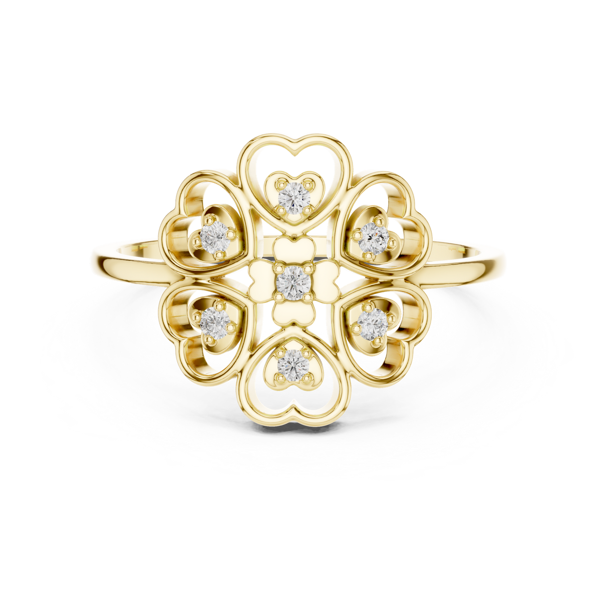 14K Solid Gold Lab Diamond Clover Cluster Ring, Yellow Gold