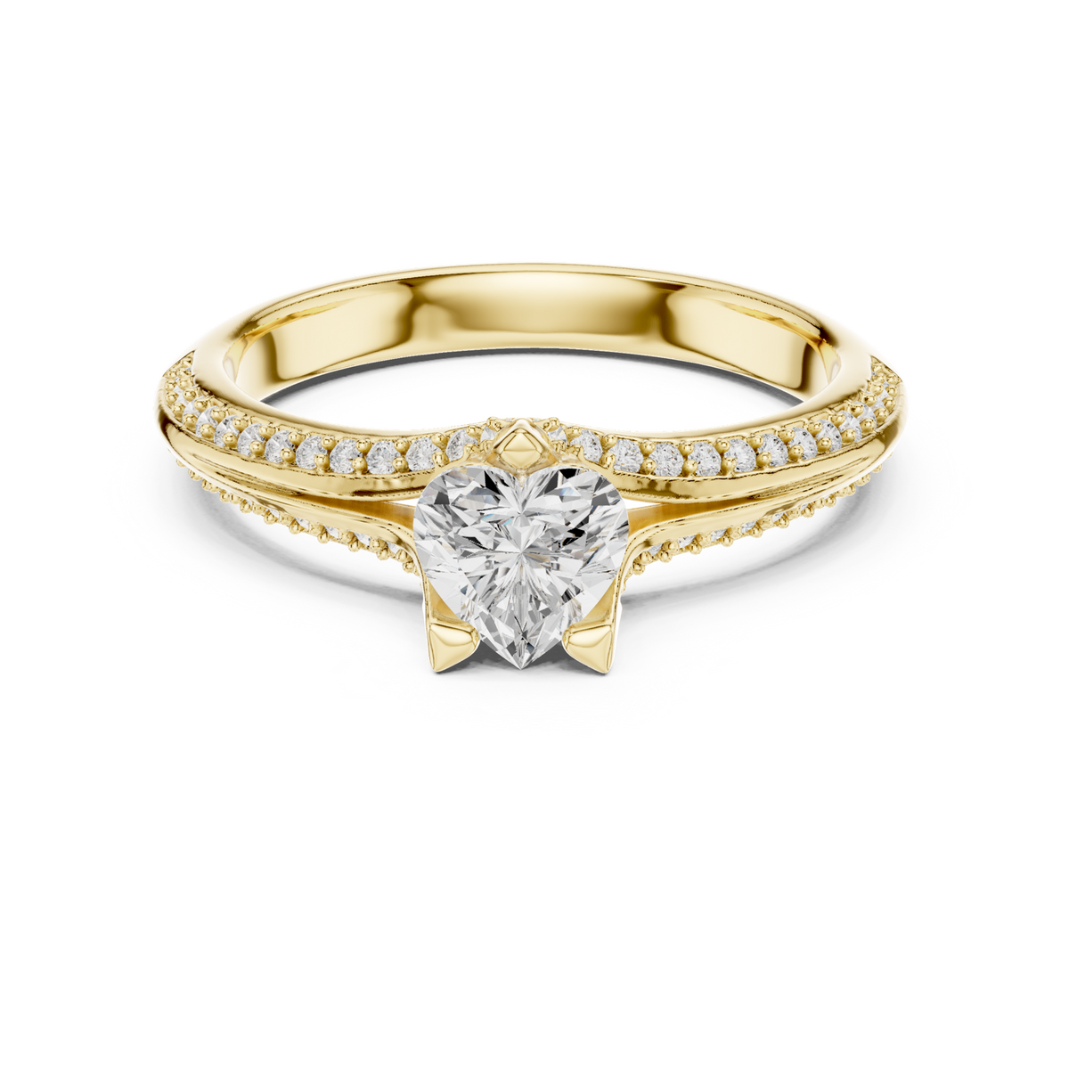 14K Solid Gold Lab Diamond Heart Solitaire Ring, Yellow Gold