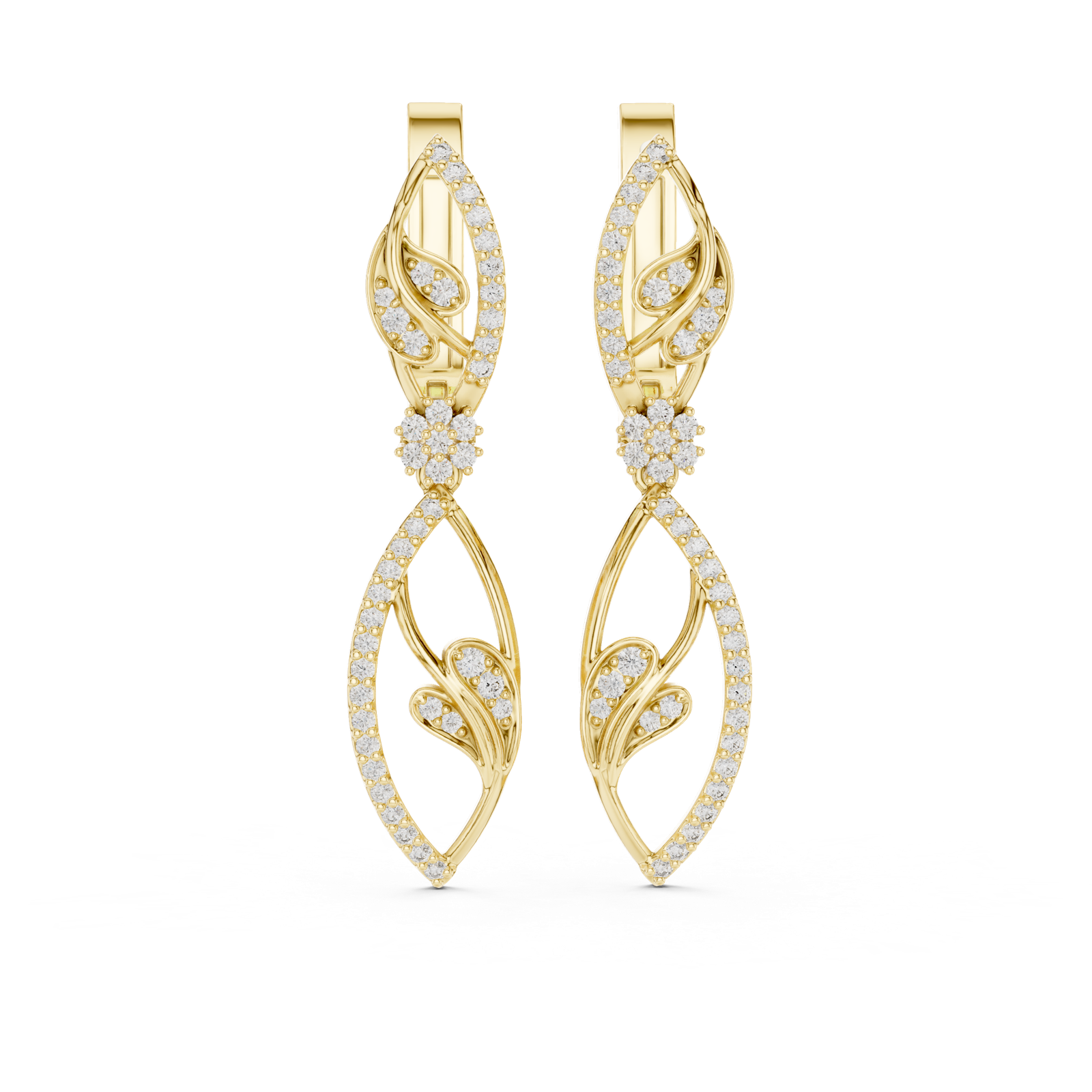 14K Solid Gold Lab Diamond Leaf Drop Earrings, Yellow Gold, view 4