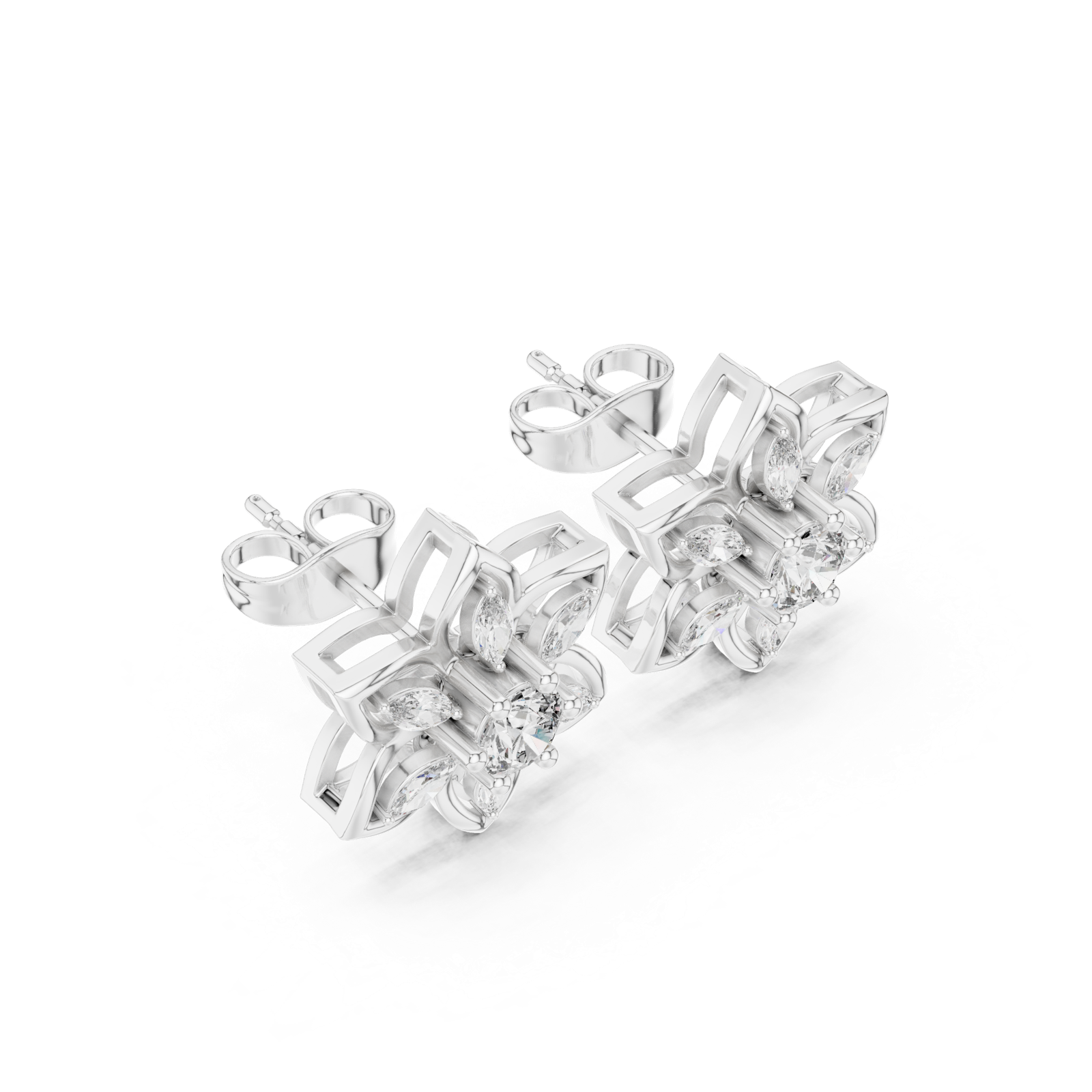 14K Solid Gold Lab Diamond Flower Cluster Earrings, White Gold, view 2