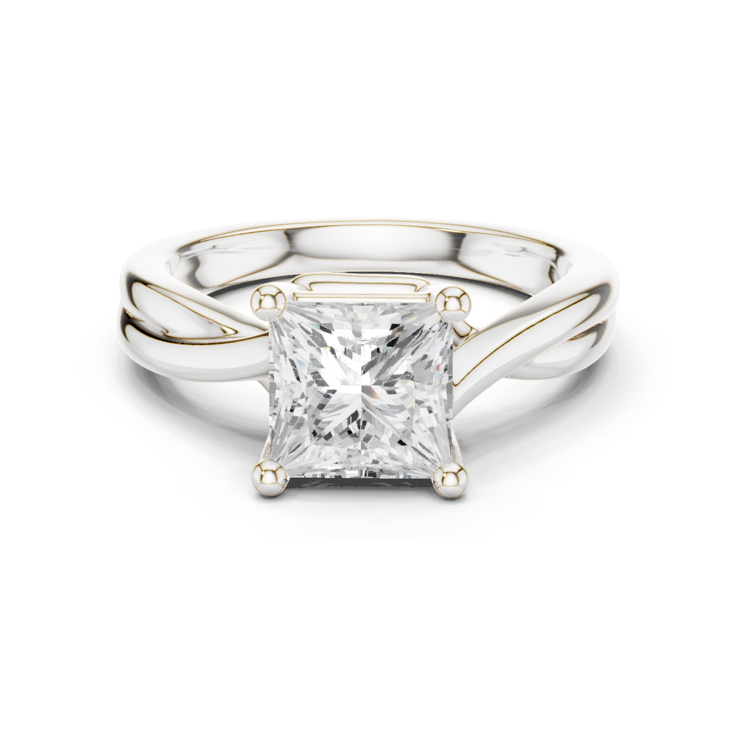 Gold Twisted Band Solitaire Engagement Ring, Princess center stone, White Gold