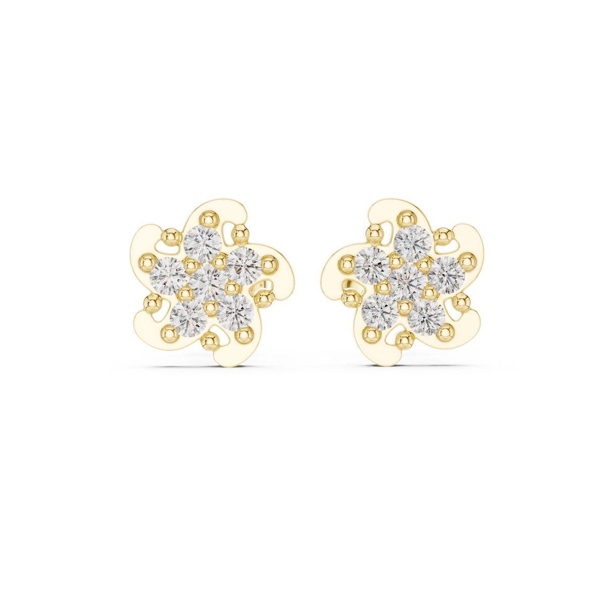 14K Solid Gold Lab Diamond Flower Cluster Earrings, Yellow Gold