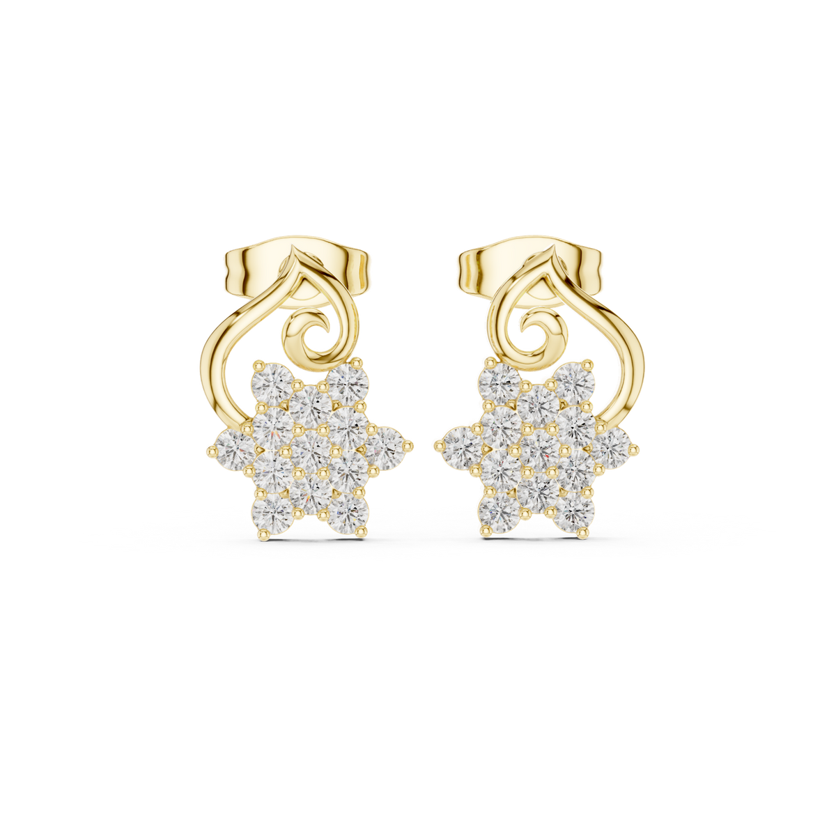 14K Solid Gold Lab Diamond Flower Cluster Earrings, Yellow Gold