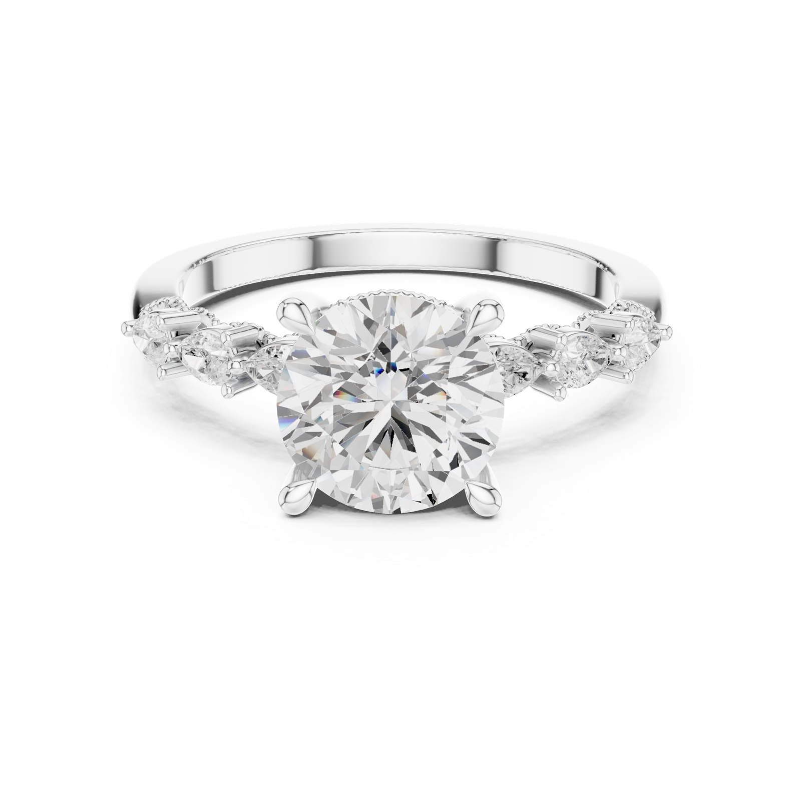 Gold Ring DDLR-168, Round center stone, White Gold, view 4