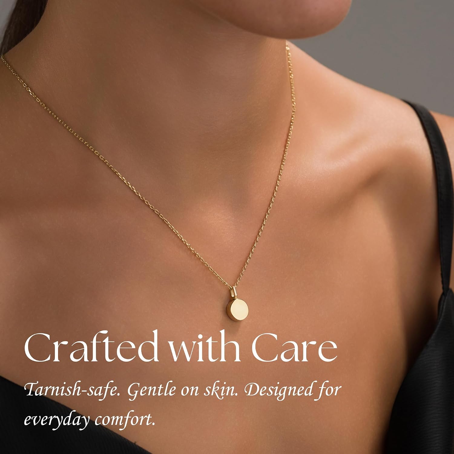 Gold Circle Urn Necklace, worn
