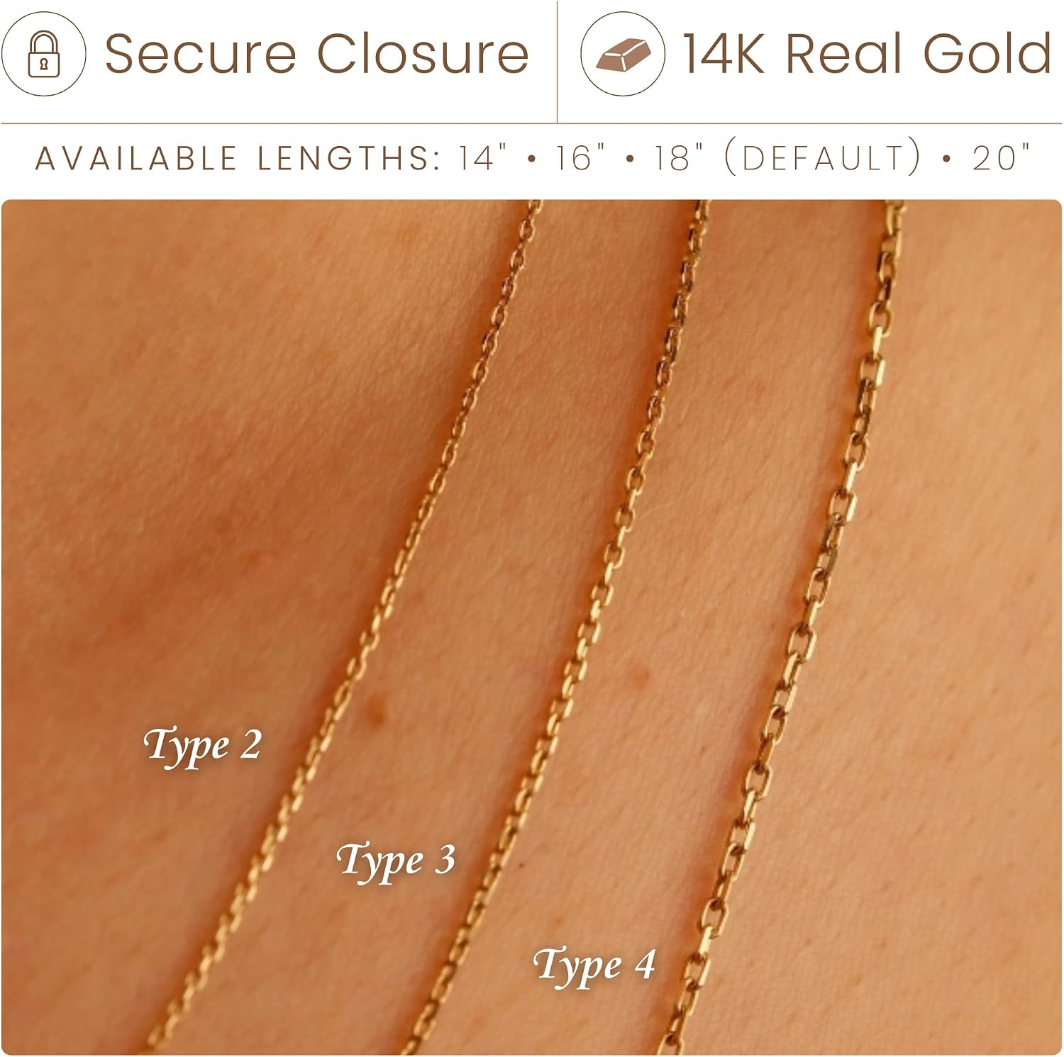 Type 2, Type 3, and Type 4 gold chain options