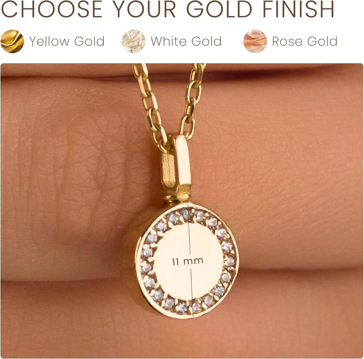 Gold Circle Urn Necklace, size and finish