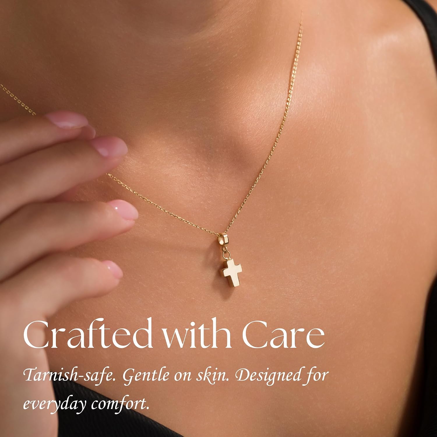Gold Cross Urn Necklace (14K), worn