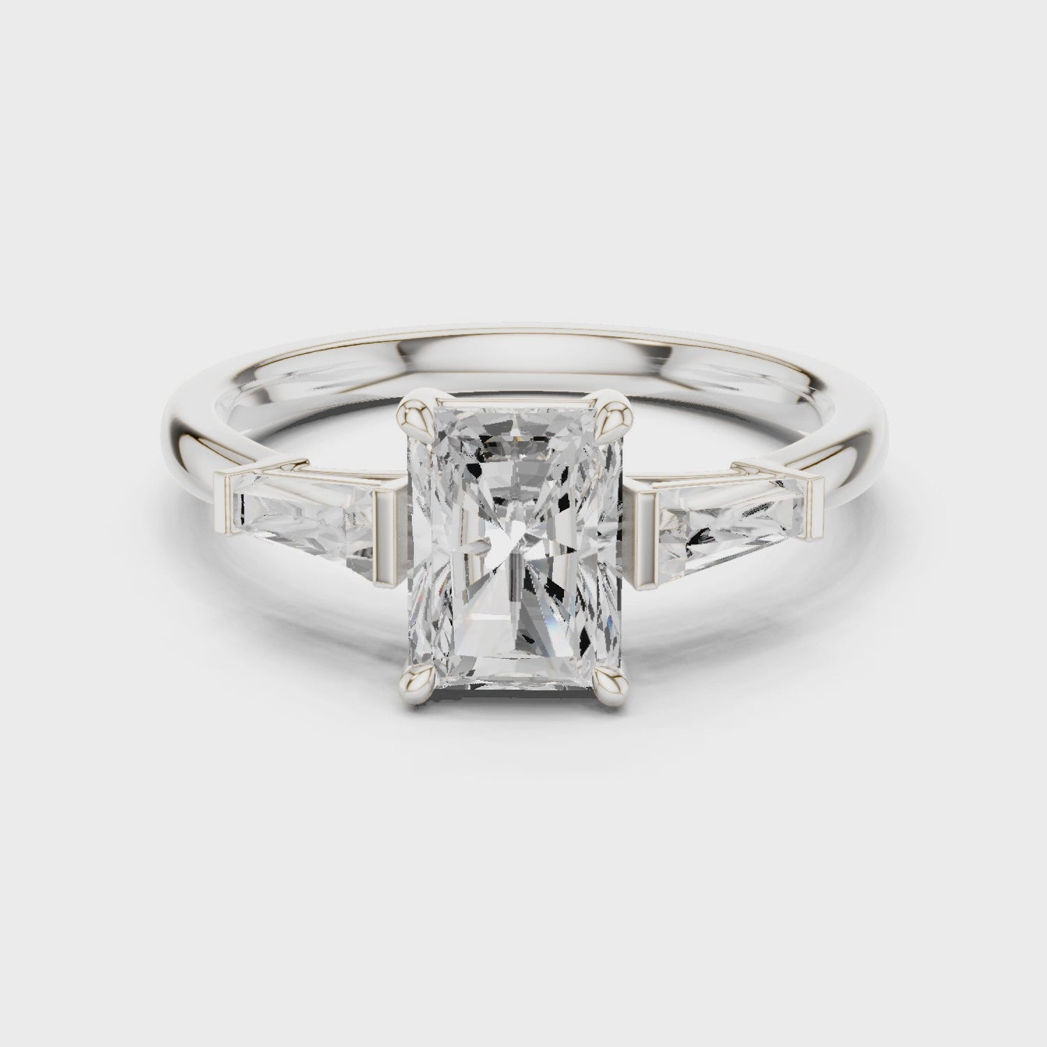 Gold Three-Stone Baguette Engagement Ring, Radiant center stone, White Gold, 360 video