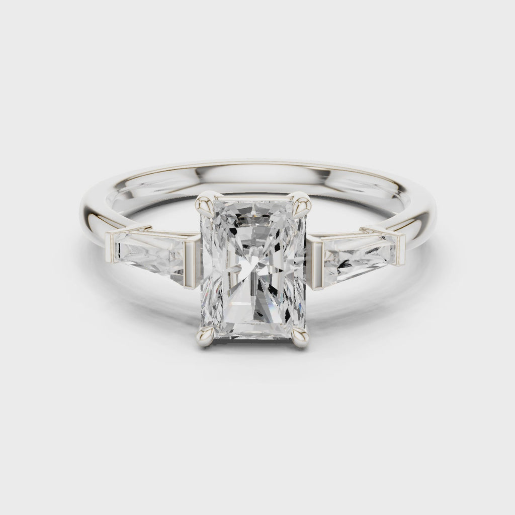 Gold Three-Stone Baguette Engagement Ring, Radiant center stone, White Gold, 360 video
