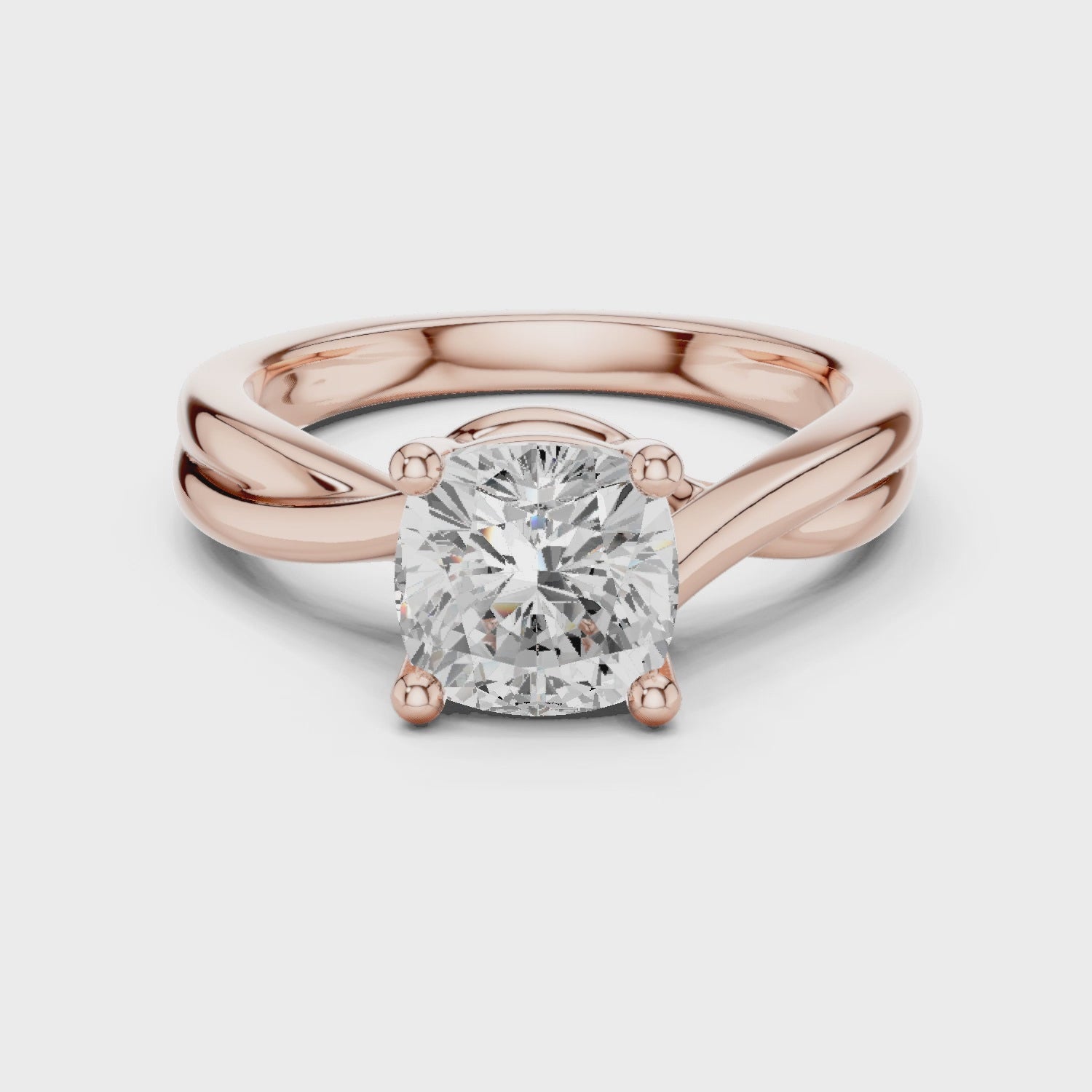 Gold Twisted Band Solitaire Engagement Ring, Cushion center stone, Rose Gold, 360 video