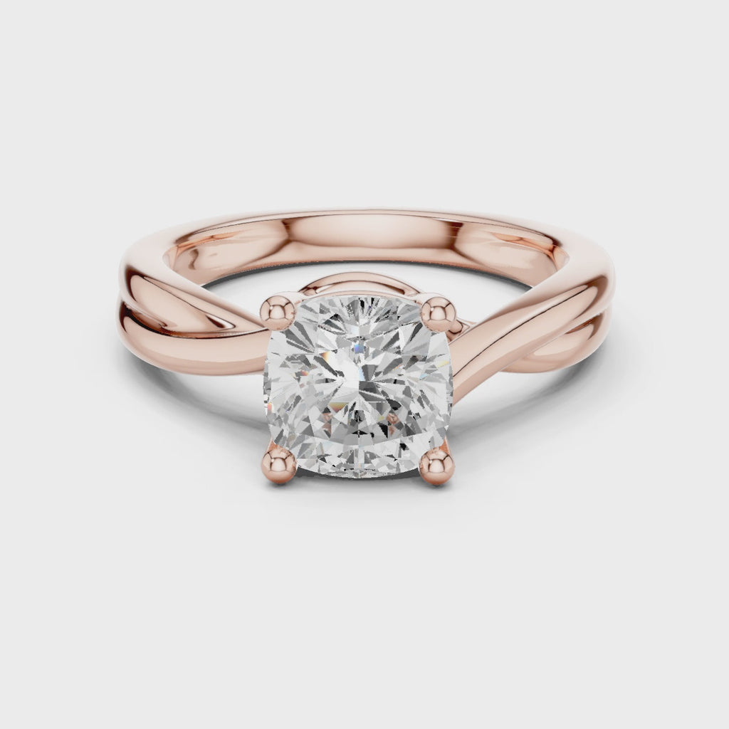 Gold Twisted Band Solitaire Engagement Ring, Cushion center stone, Rose Gold, 360 video