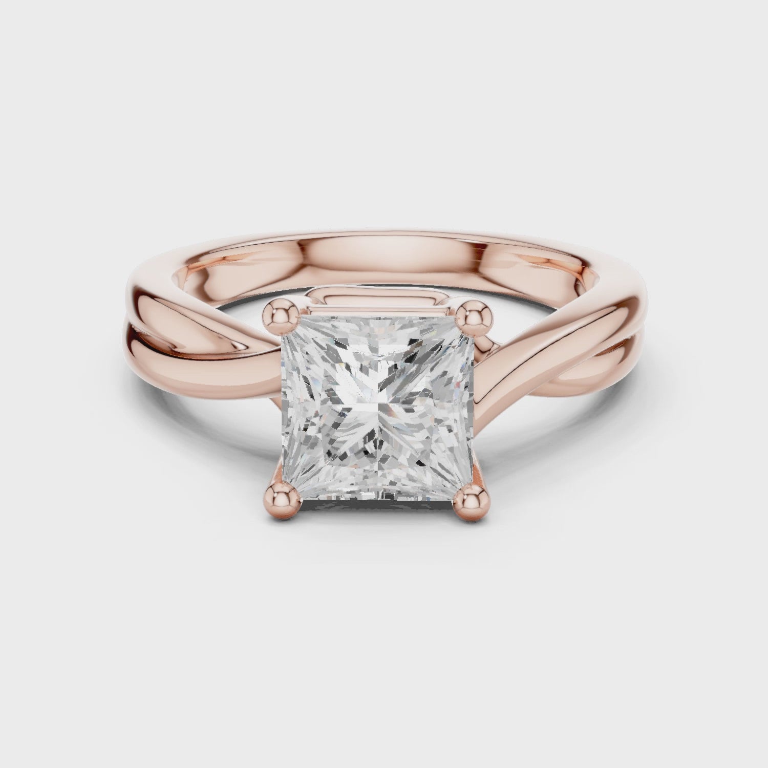 Gold Twisted Band Solitaire Engagement Ring, Princess center stone, Rose Gold, 360 video