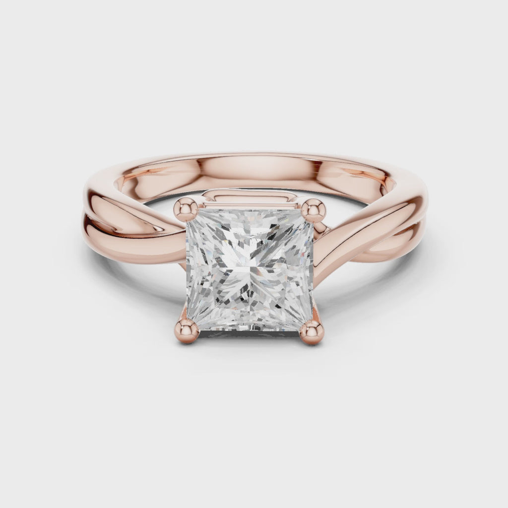 Gold Twisted Band Solitaire Engagement Ring, Princess center stone, Rose Gold, 360 video