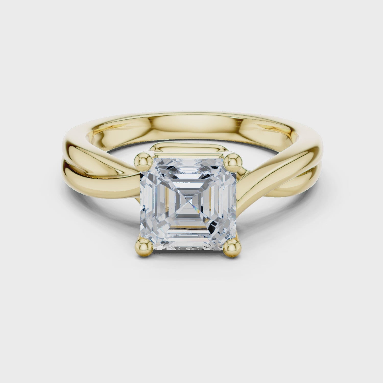 Gold Twisted Band Solitaire Engagement Ring, Asscher center stone, Yellow Gold, 360 video