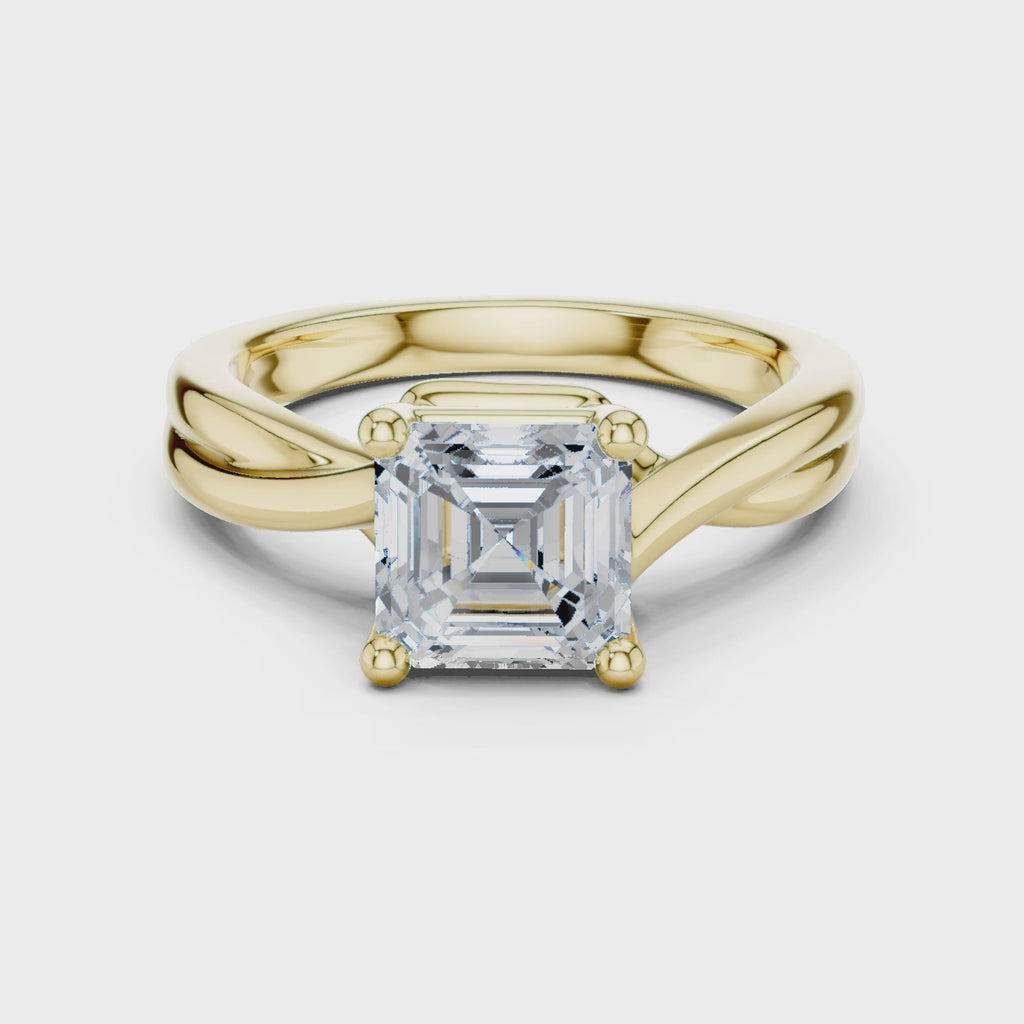 Gold Twisted Band Solitaire Engagement Ring, Asscher center stone, Yellow Gold, 360 video