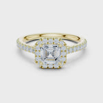 Gold Halo Pave Engagement Ring, Asscher center stone, Yellow Gold, 360 video