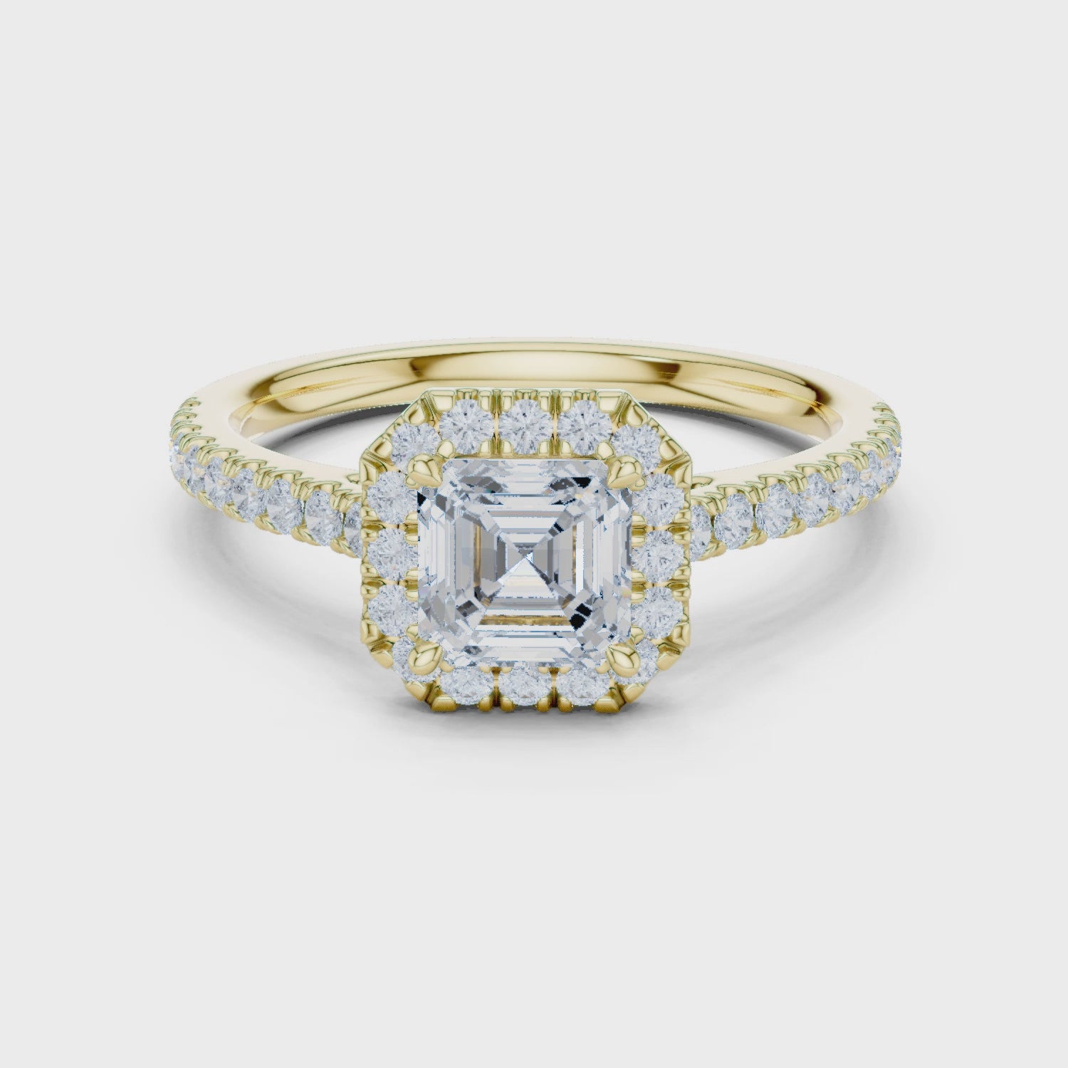 Gold Halo Pave Engagement Ring, Asscher center stone, Yellow Gold, 360 video