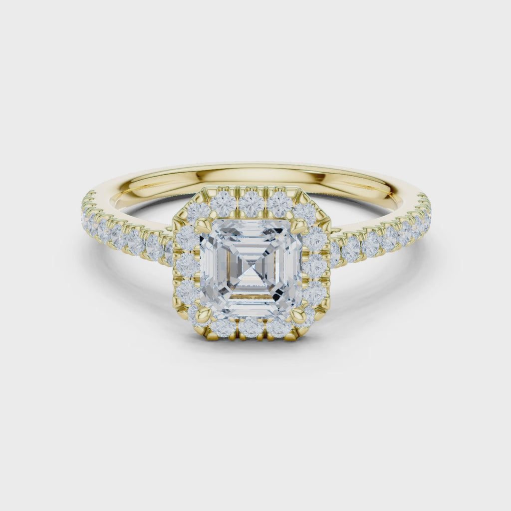 Gold Halo Pave Engagement Ring, Asscher center stone, Yellow Gold, 360 video