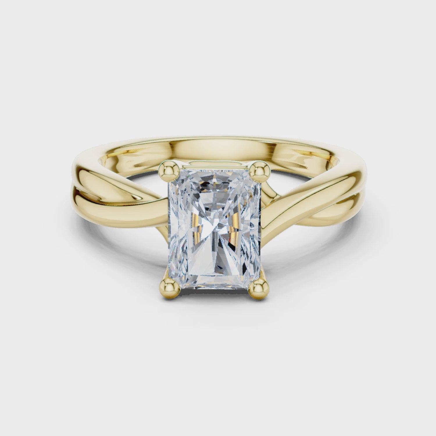 Gold Twisted Band Solitaire Engagement Ring, Radiant center stone, Yellow Gold, 360 video
