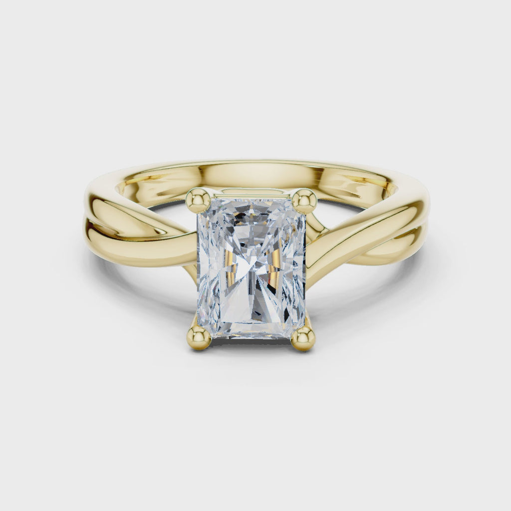 Gold Twisted Band Solitaire Engagement Ring, Radiant center stone, Yellow Gold, 360 video