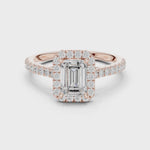 Gold Halo Pave Engagement Ring, Emerald center stone, Rose Gold, 360 video