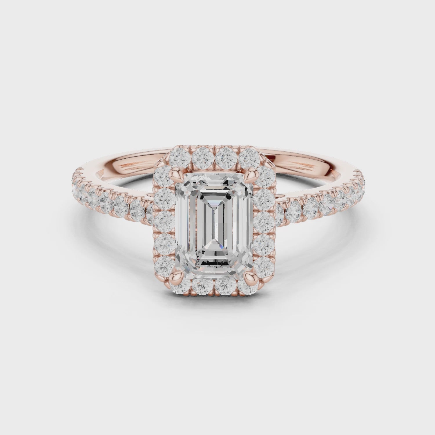Gold Halo Pave Engagement Ring, Emerald center stone, Rose Gold, 360 video