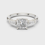 Gold Three-Stone Baguette Engagement Ring, Cushion center stone, White Gold, 360 video