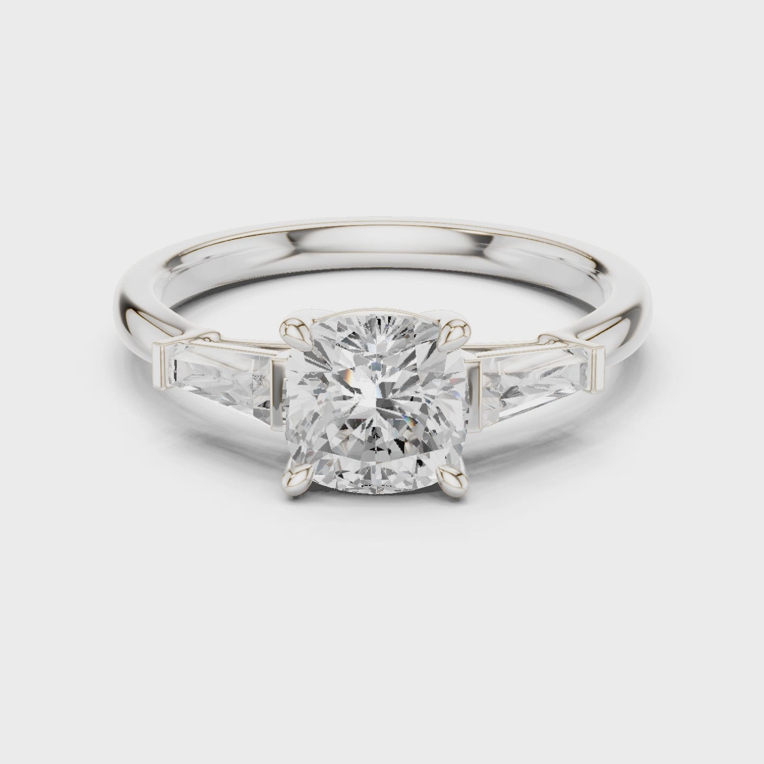 Gold Three-Stone Baguette Engagement Ring, Cushion center stone, White Gold, 360 video