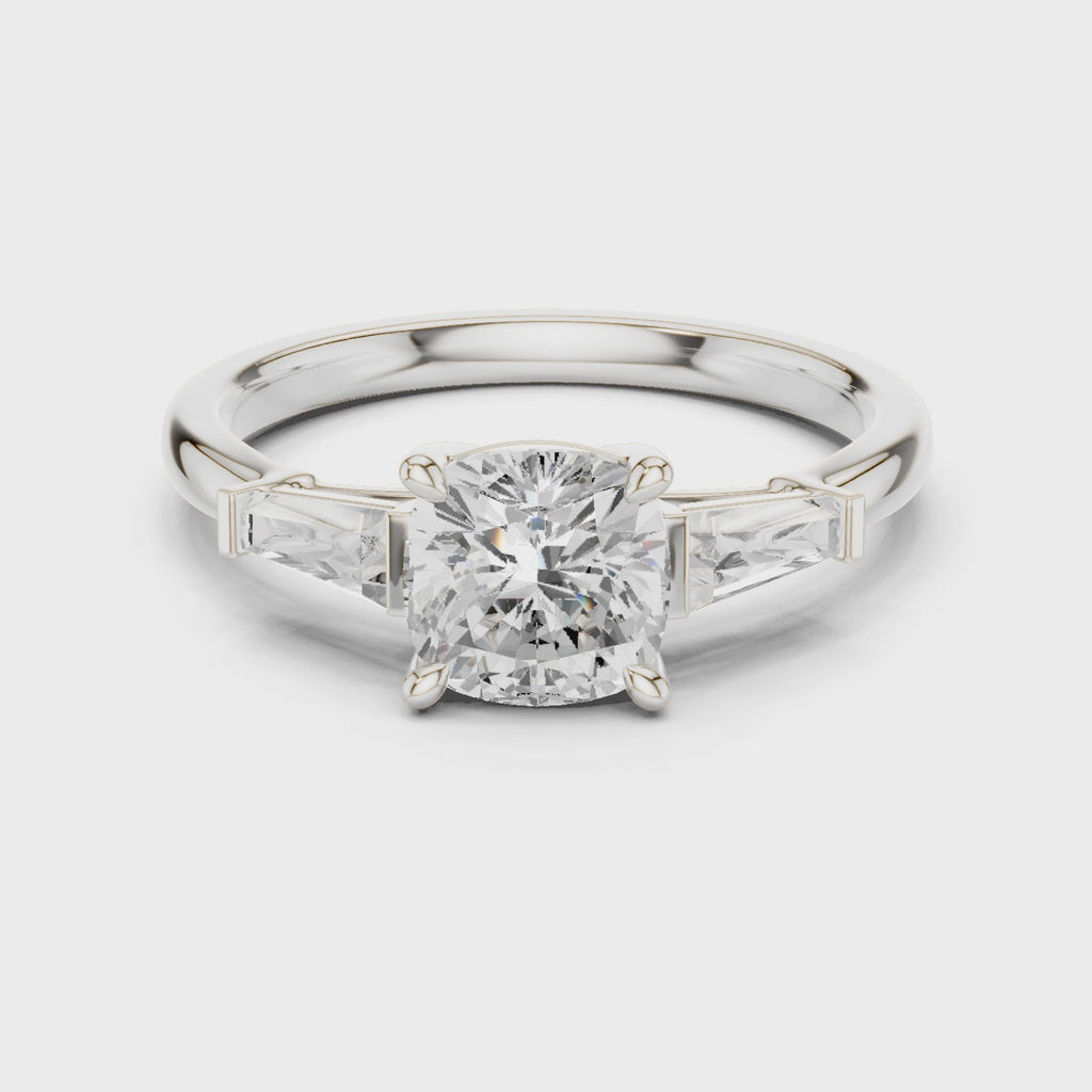 Gold Three-Stone Baguette Engagement Ring, Cushion center stone, White Gold, 360 video