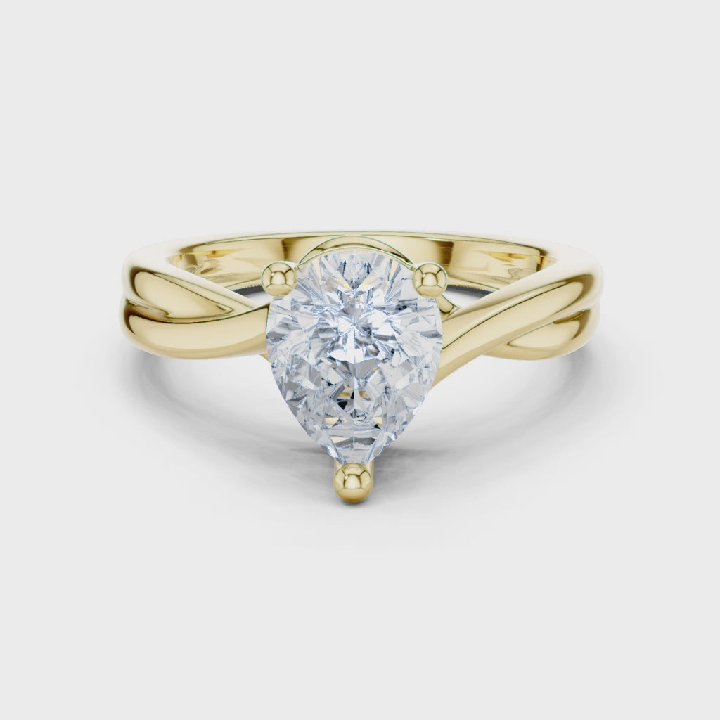 Gold Twisted Band Solitaire Engagement Ring, Pear center stone, Yellow Gold, 360 video