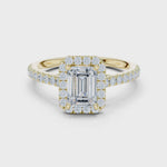 Gold Halo Pave Engagement Ring, Emerald center stone, Yellow Gold, 360 video