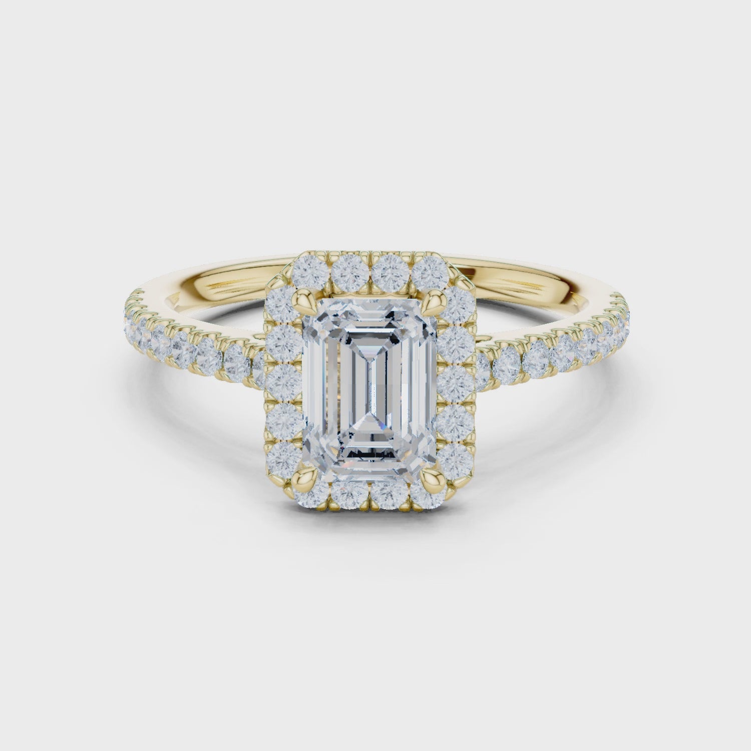 Gold Halo Pave Engagement Ring, Emerald center stone, Yellow Gold, 360 video