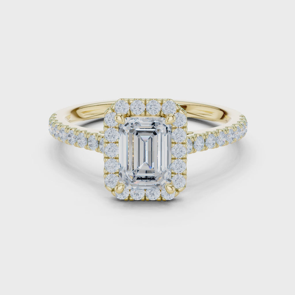 Gold Halo Pave Engagement Ring, Emerald center stone, Yellow Gold, 360 video
