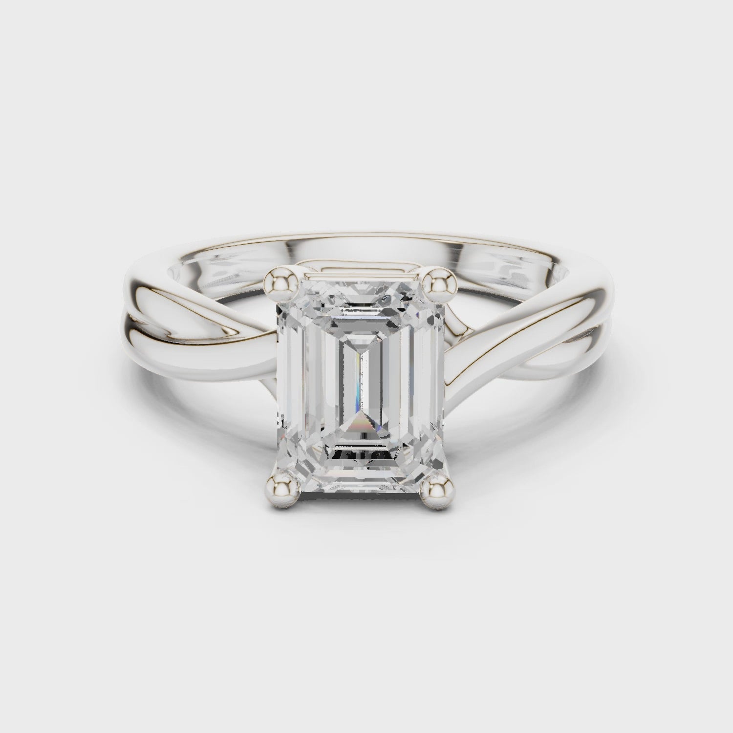 Gold Twisted Band Solitaire Engagement Ring, Emerald center stone, White Gold, 360 video
