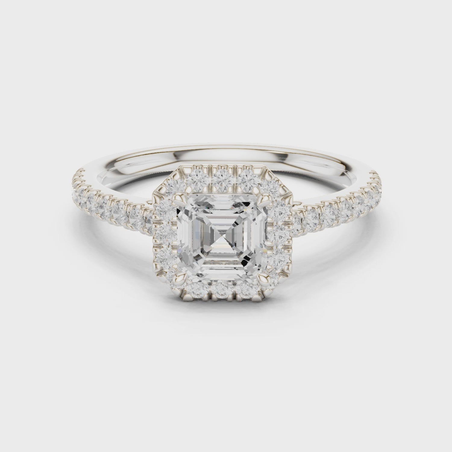 Gold Halo Pave Engagement Ring, Asscher center stone, White Gold, 360 video