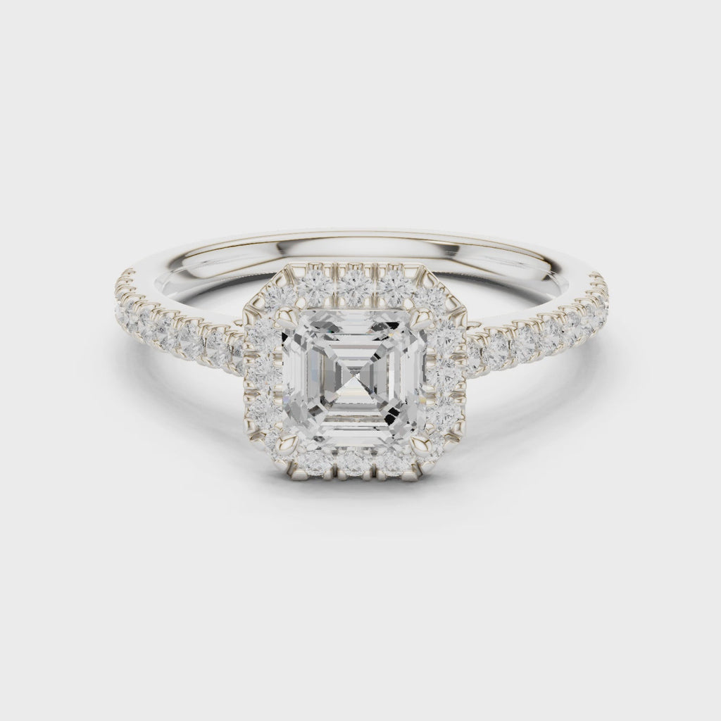 Gold Halo Pave Engagement Ring, Asscher center stone, White Gold, 360 video