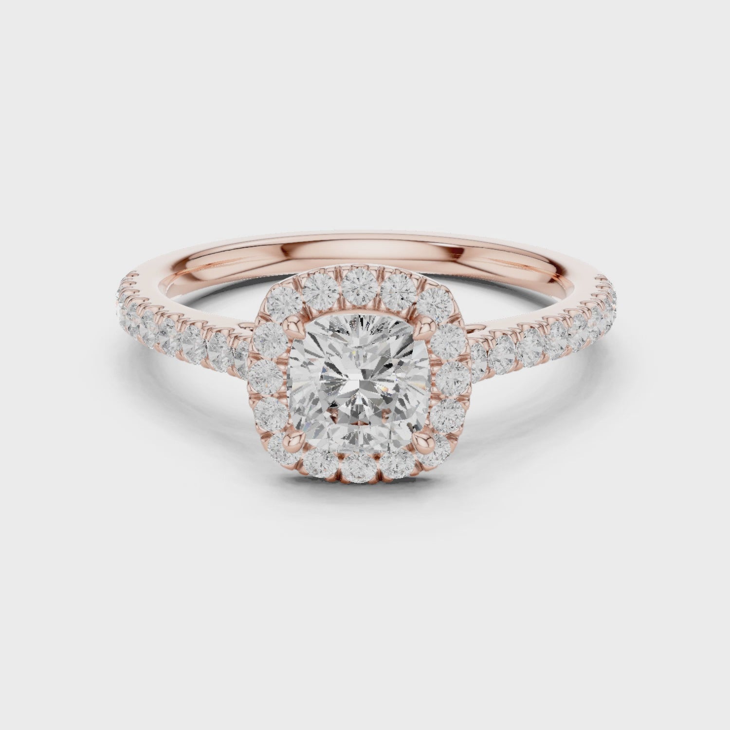 Gold Halo Pave Engagement Ring, Cushion center stone, Rose Gold, 360 video