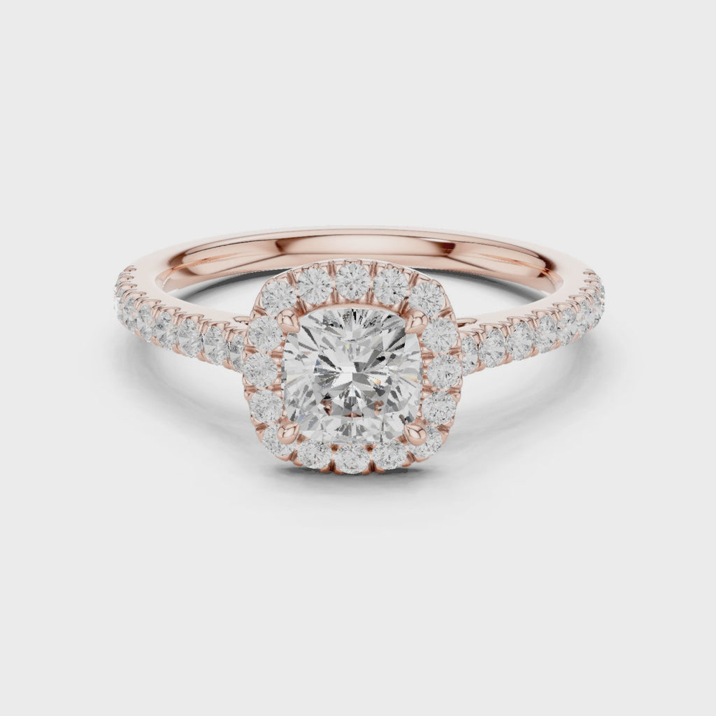 Gold Halo Pave Engagement Ring, Cushion center stone, Rose Gold, 360 video