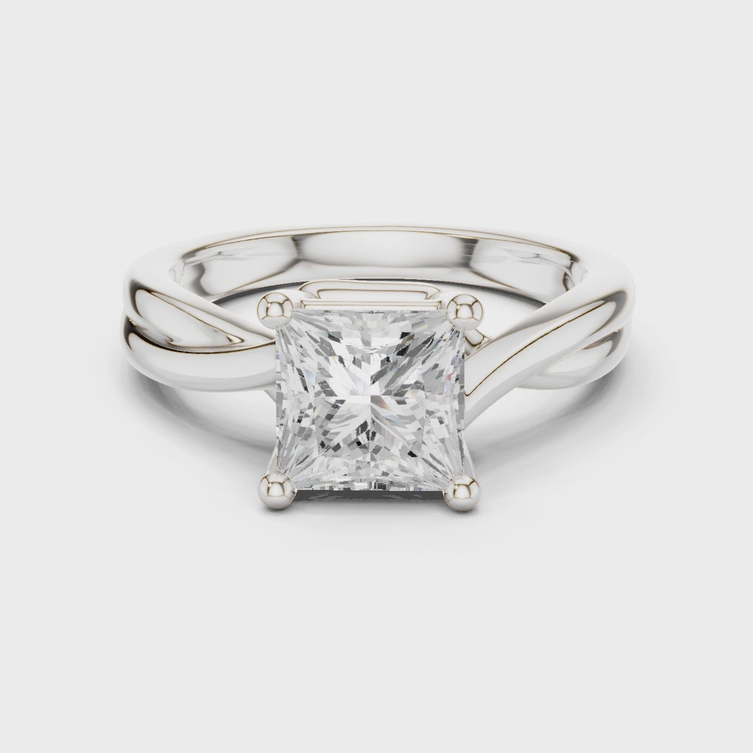 Gold Twisted Band Solitaire Engagement Ring, Princess center stone, White Gold, 360 video