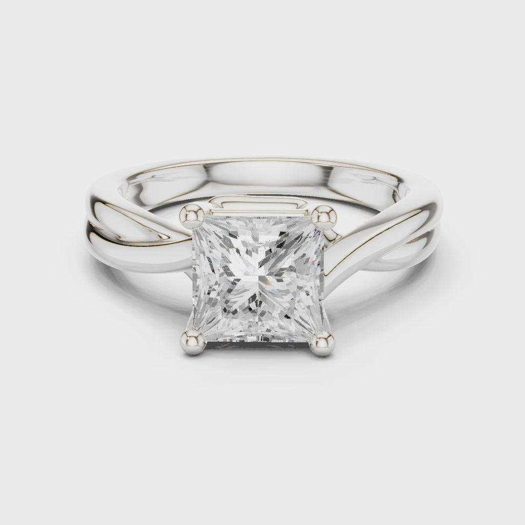 Gold Twisted Band Solitaire Engagement Ring, Princess center stone, White Gold, 360 video