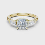 Gold Three-Stone Baguette Engagement Ring, Cushion center stone, Yellow Gold, 360 video