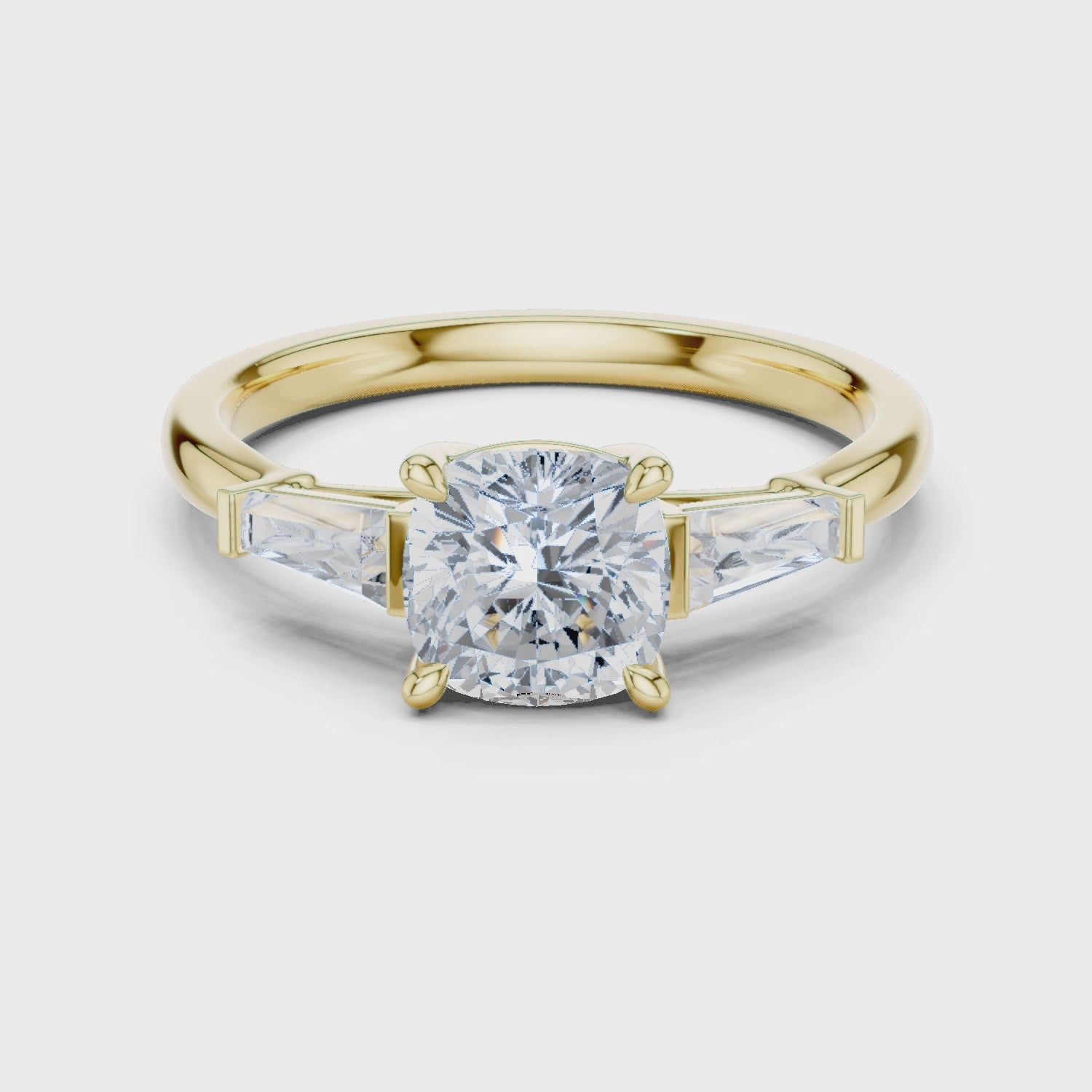 Gold Three-Stone Baguette Engagement Ring, Cushion center stone, Yellow Gold, 360 video