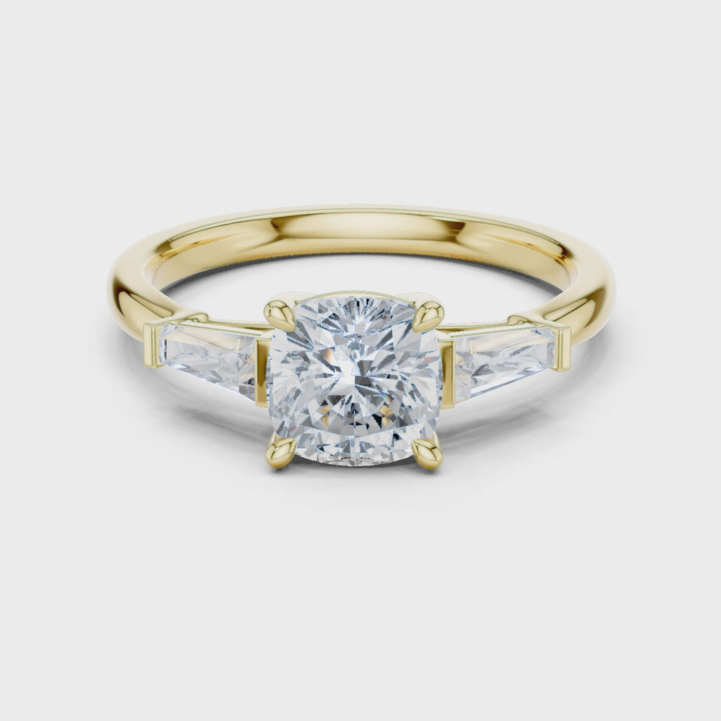 Gold Three-Stone Baguette Engagement Ring, Cushion center stone, Yellow Gold, 360 video