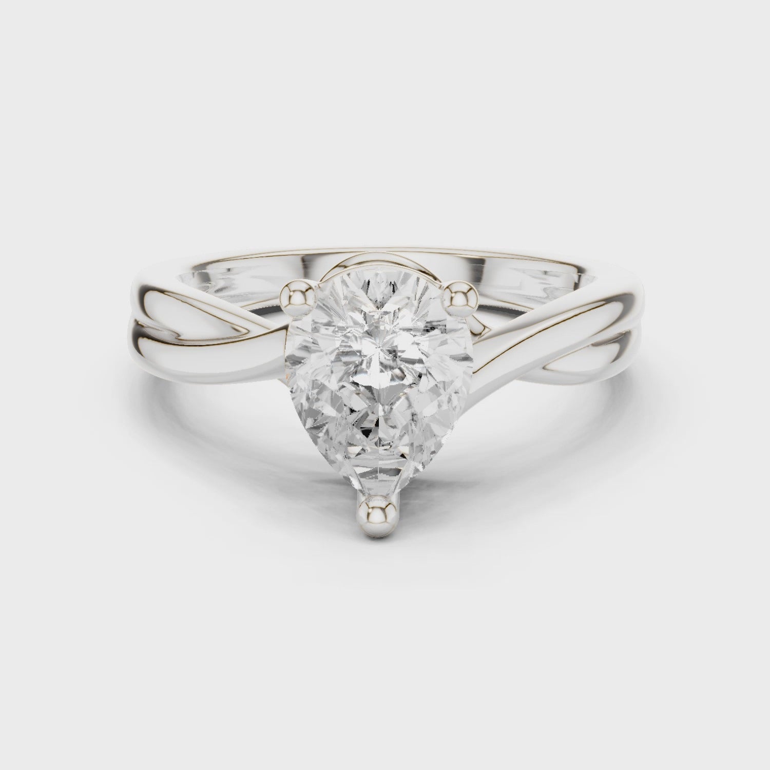 Gold Twisted Band Solitaire Engagement Ring, Pear center stone, White Gold, 360 video