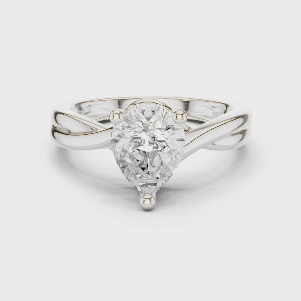 Gold Twisted Band Solitaire Engagement Ring, Pear center stone, White Gold, 360 video