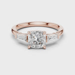 Gold Three-Stone Baguette Engagement Ring, Cushion center stone, Rose Gold, 360 video