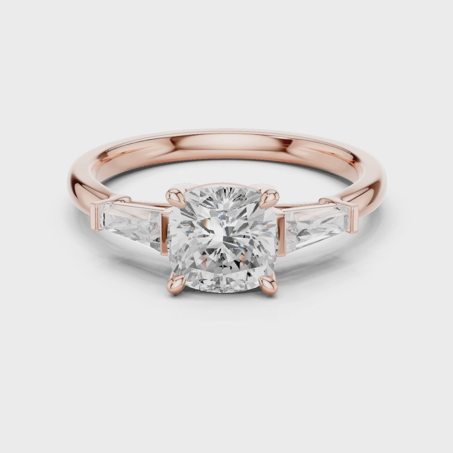 Gold Three-Stone Baguette Engagement Ring, Cushion center stone, Rose Gold, 360 video